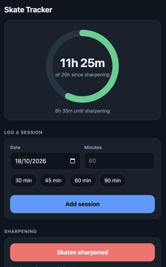 The skate tracker app on my phone, showing 11h 25m of 20h since the last sharpening